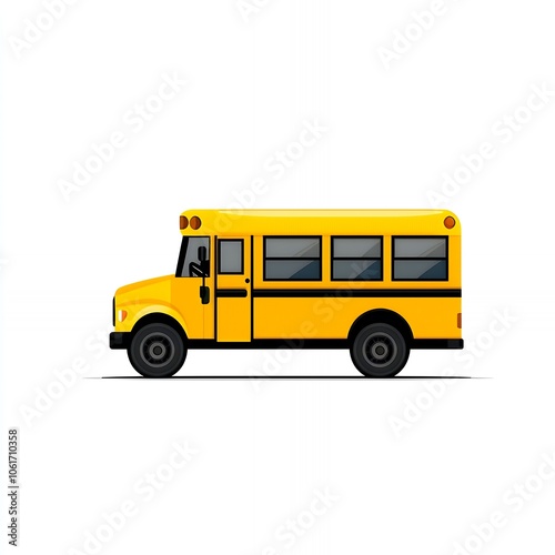 Yellow school bus with windows and a driver, isolated on white background.