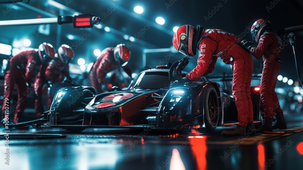A pit crew servicing a race car during a high-speed pit stop, focusing on the seamless teamwork required to ensure minimal downtime and maximum efficiency in motorsports A pit crew servicing a race car during a high-speed pit stop, focusing on the seamless teamwork required to ensure minimal downtime and maximum efficiency in motorsports