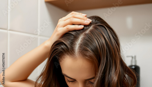 Hair scalp massager with serum on shelf in bathroom, closeup isolated with white shades, png photo