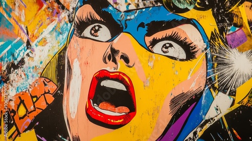 A pop art gallery exhibit featuring bold, colorful works inspired by popular culture, with a lively and energetic atmosphere