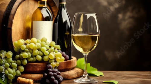 A bottle, glass, grapes, and a barrel on a wooden table