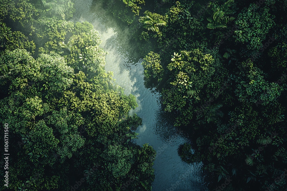 Aerial view of a lush green forest with a serene river winding through it, showcasing the beauty of nature and biodiversity. Aerial view of a lush green forest with a serene river winding through it, showcasing the beauty of nature and biodiversity.