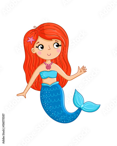 Cute mermaid smiles on a white background. Vector illustration in cartoon style.