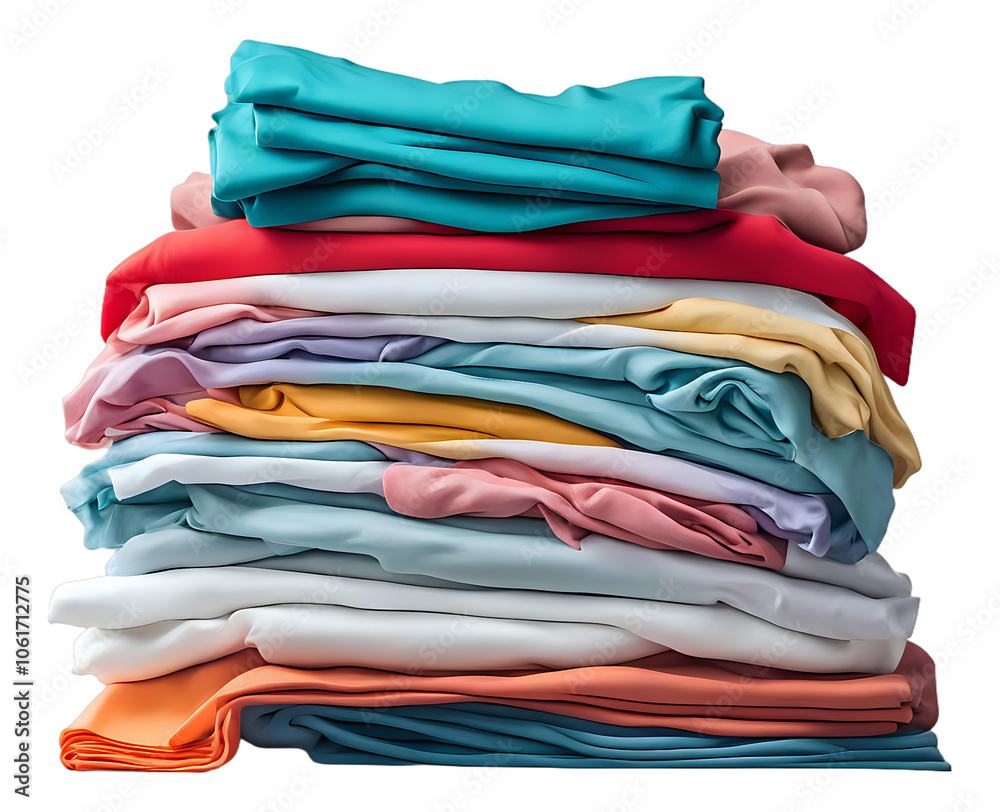 Pile of neatly folded, colorful clothes stacked together. Ideal for concepts of organization, laundry, and home storage solutions. Cut without a background. Pile of neatly folded, colorful clothes stacked together. Ideal for concepts of organization, laundry, and home storage solutions. Cut without a background.