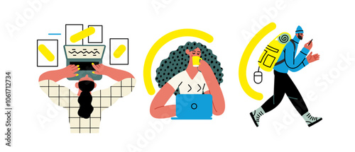 Creative workspace, modern flat vector concept illustration of a person working with a computer Remote work, flexibility, independence, efficiency, mobility, synergy, freedom