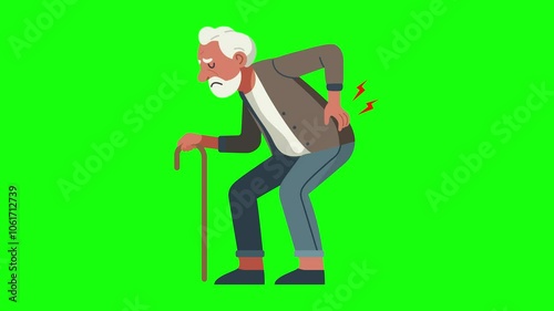 old man with back pain cartoon character flat color HD 4k animation green screen