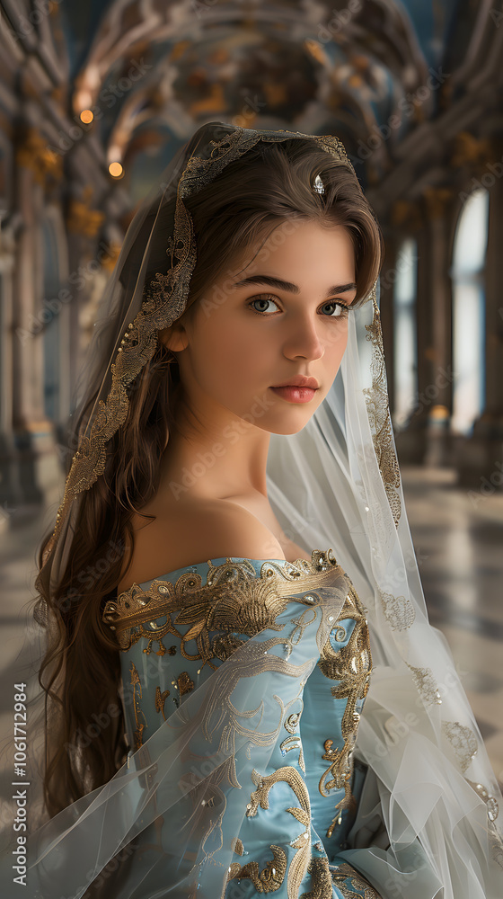 A beautiful young princess in a light blue and gold dress with a long veil, wearing a tiara, with brown hair down to her shoulders, bright hazel eyes, Generative AI