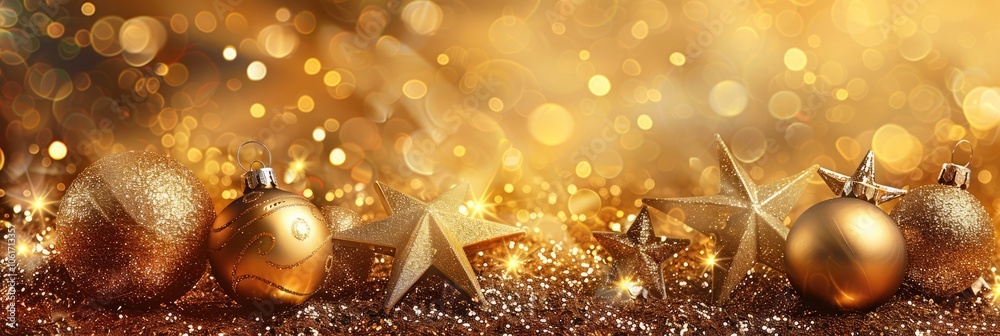 A festive arrangement of gold ornaments and sparkling background, conveying celebration. A festive arrangement of gold ornaments and sparkling background, conveying celebration.