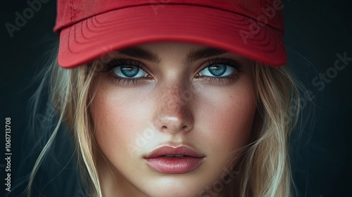 Woman with a red hat and blue eyes. She has a red hat on her head. She has a beautiful face