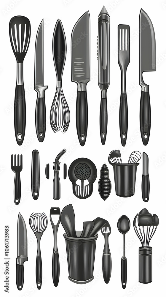 Collection of kitchen utensils with various cooking tools and accessories. Collection of kitchen utensils with various cooking tools and accessories.