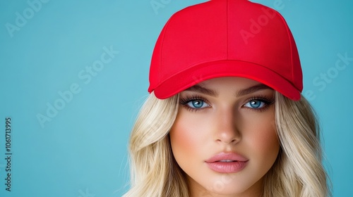 Blonde woman wearing a red baseball cap. She has blue eyes and a pinkish tint to her lips