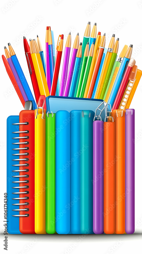 Colorful pencils, pens, and notebooks in a stack.