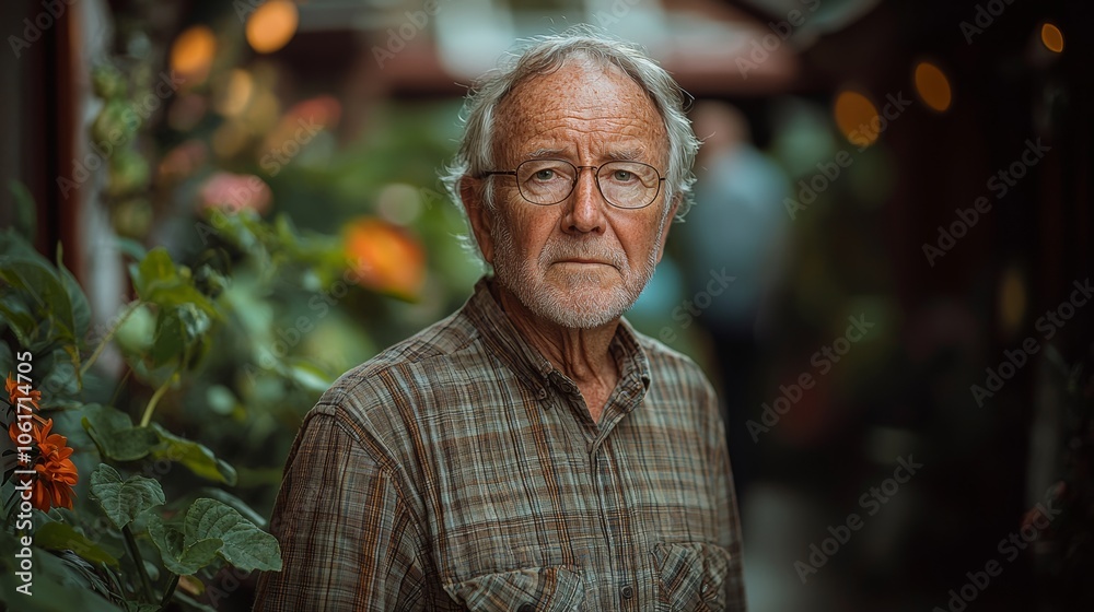 Man with glasses and a plaid shirt is standing in front of a plant. He looks tired and is looking at the camera Man with glasses and a plaid shirt is standing in front of a plant. He looks tired and is looking at the camera