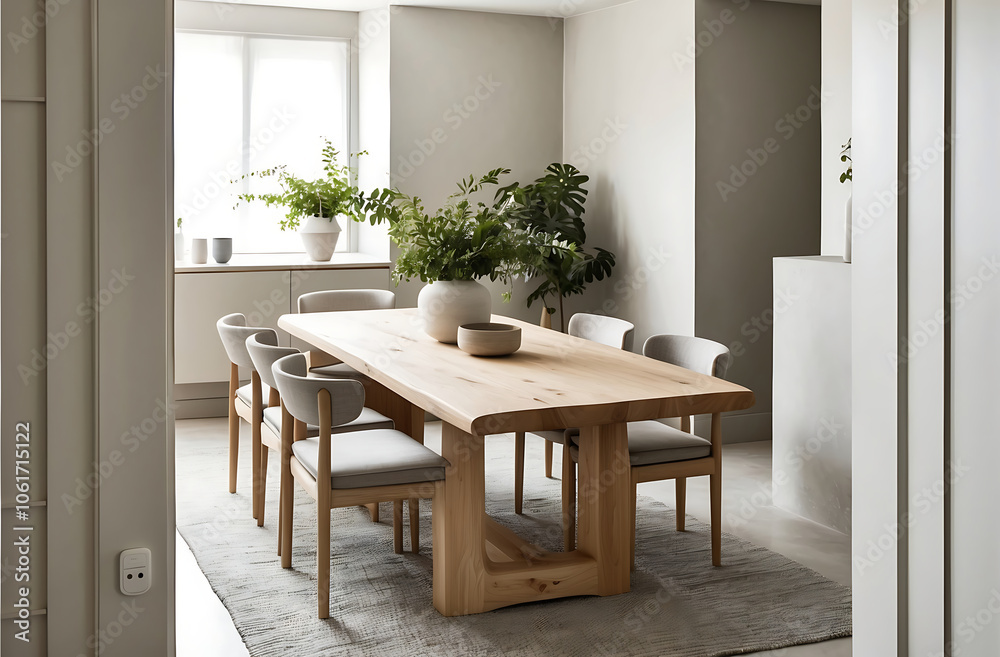 Fototapeta premium Dining room interior with natural wooden table in trendy minimal japandi style