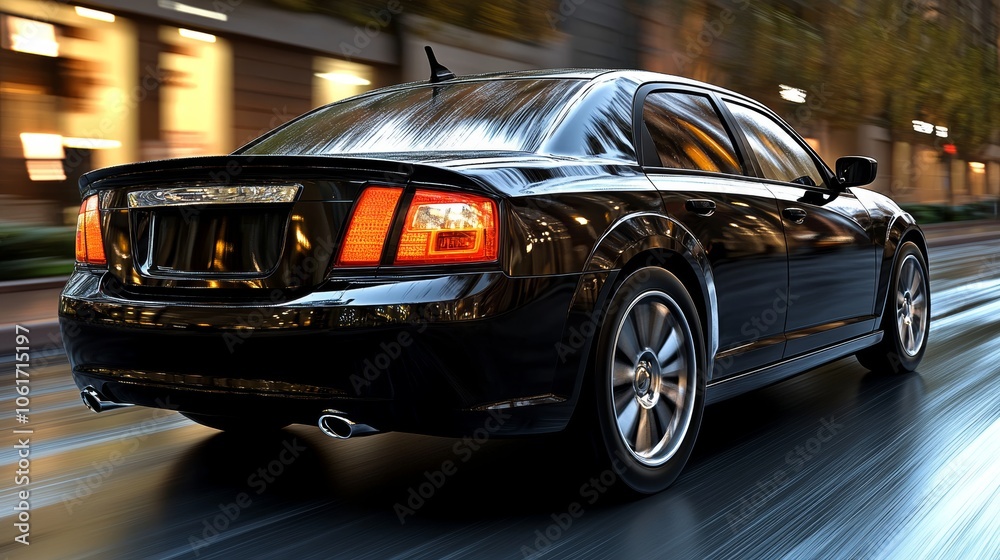Obraz premium Black Sedan Driving On Wet Road At Night