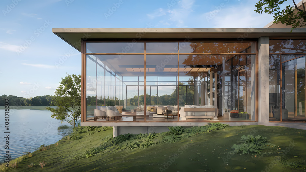 Stunning modern waterfront house design featuring expansive glass walls, sleek furniture, and a peaceful natural setting by the water, perfect for contemporary living. Stunning modern waterfront house design featuring expansive glass walls, sleek furniture, and a peaceful natural setting by the water, perfect for contemporary living.