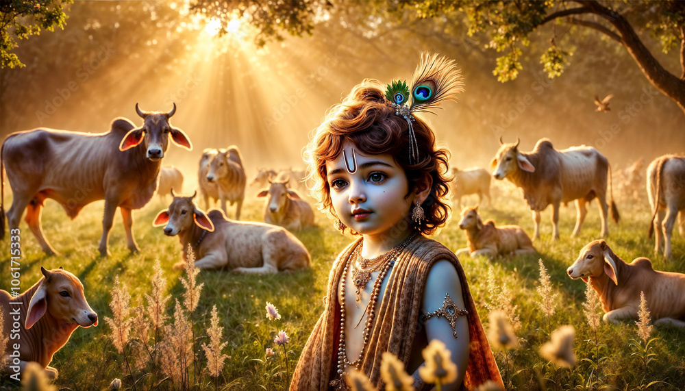 Hindu God Krishna with cow , in nature, dancing Hindu God Krishna with cow , in nature, dancing