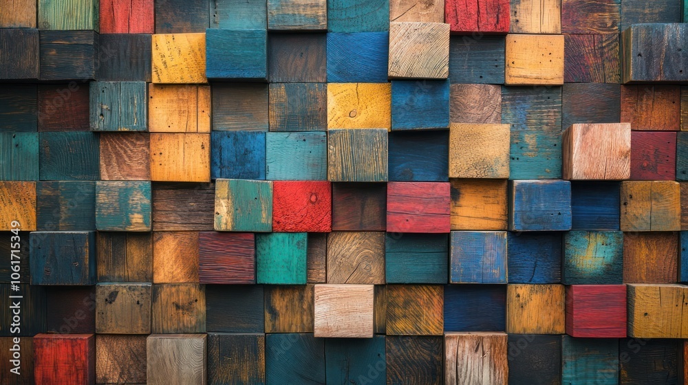 an artistic wall made of stacked wooden blocks, each displaying unique patterns and colors an artistic wall made of stacked wooden blocks, each displaying unique patterns and colors