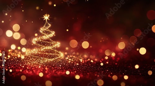 Christmas tree made of golden bokeh on dark red background. Christmas postcard