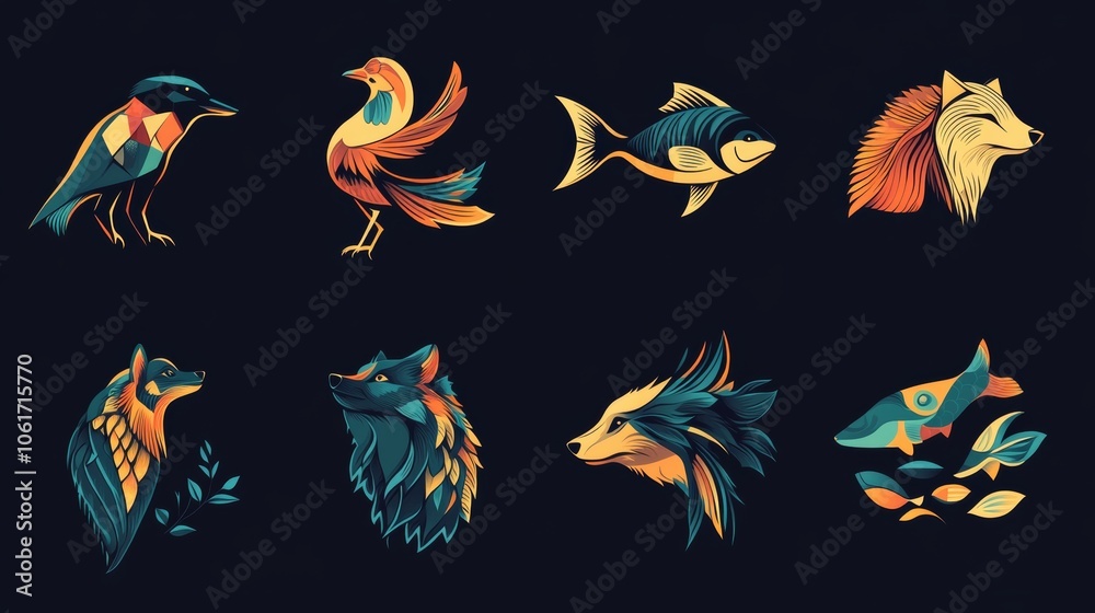Obraz premium A set of animal logo designs with abstract illustrations of animals like birds, fish, and wolves, perfect for professional branding and nature-themed businesses