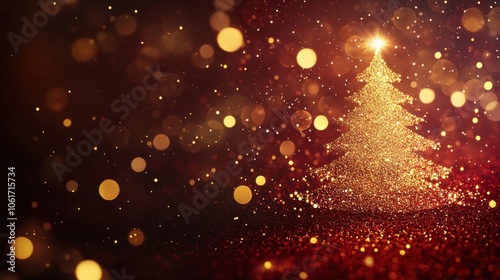 Christmas tree made of golden bokeh on dark red background. Christmas postcard