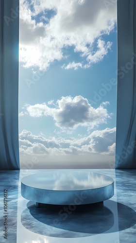 Tech blue sky and circular booth illustration poster background