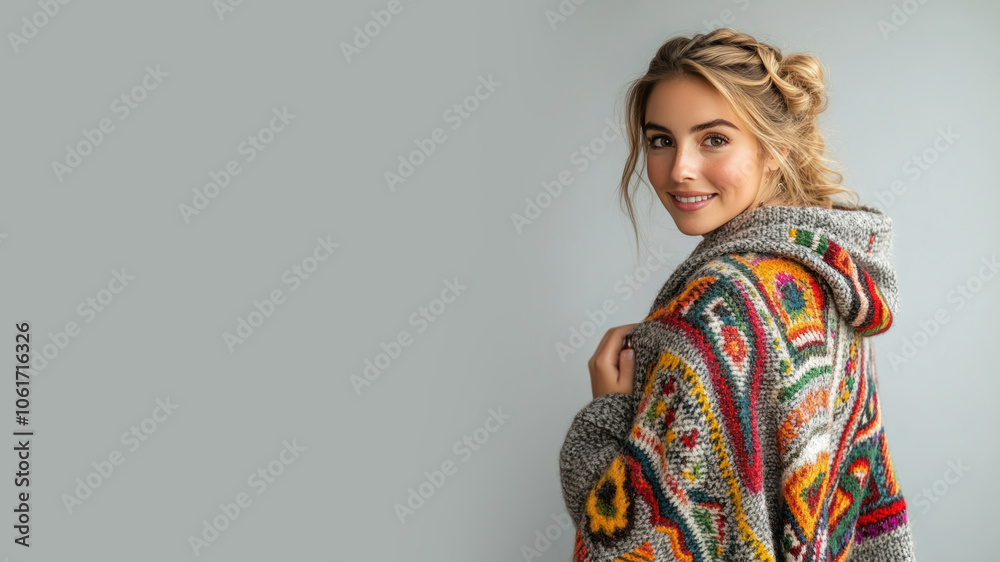 Germany woman wearing traditional cloak wool poncho isolated on gray Germany woman wearing traditional cloak wool poncho isolated on gray