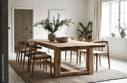 Dining room interior with natural wooden table in trendy minimal japandi style
