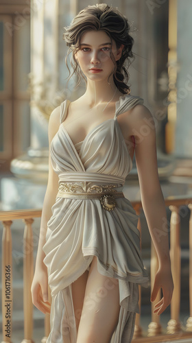 A beautiful Greek goddess in a short dress, hyper-realistic photography, Generative AI