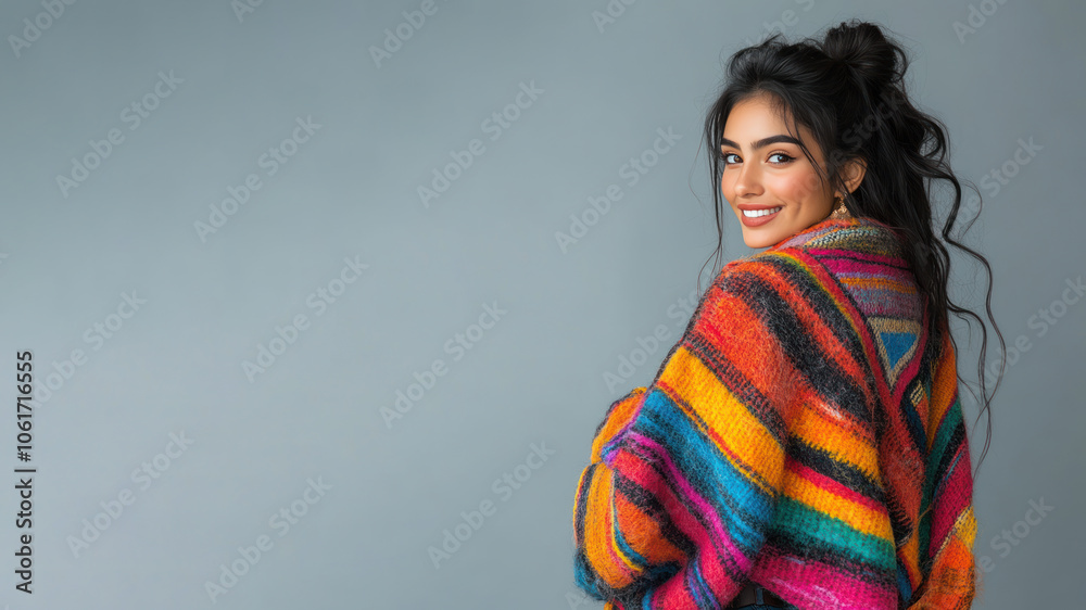 Hispanic woman wearing traditional cloak wool poncho isolated on gray Hispanic woman wearing traditional cloak wool poncho isolated on gray