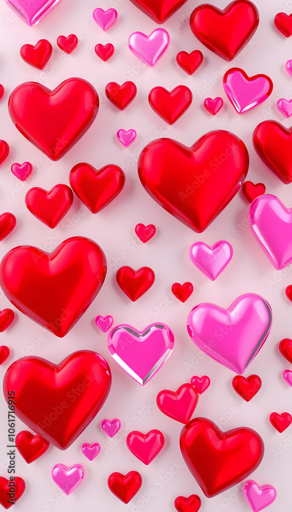 Multicolored Heart background. Valentine Wallpaper with Pink, Red Glass and Red Metallic love hearts. 3D Render isolated with white highlights, png