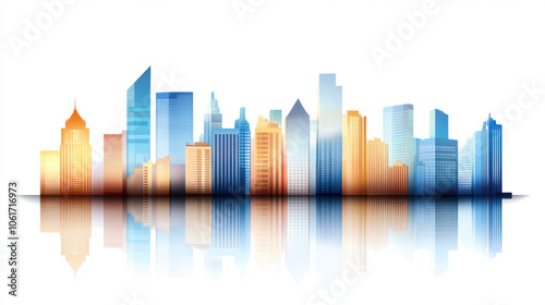 Tall building, Modern skyline with tall buildings reflecting on water, showcasing urban architecture and vibrant colors, isolate on white background