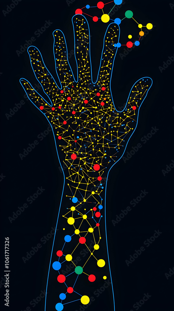 A digital representation of a human hand, reaching upwards, with connected network lines and colorful dots. A digital representation of a human hand, reaching upwards, with connected network lines and colorful dots.
