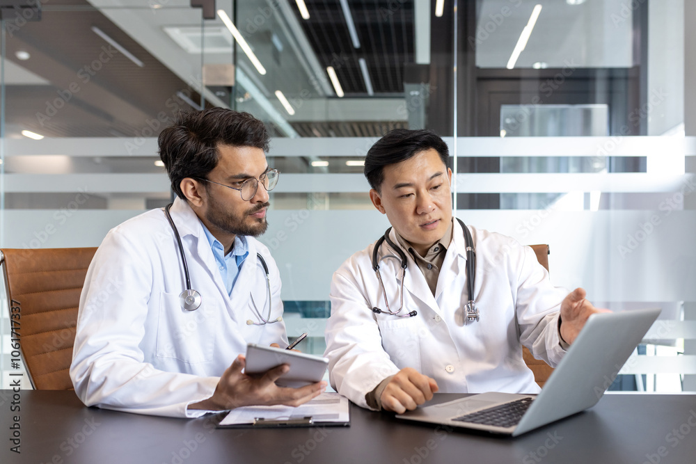Doctors in professional attire, stethoscopes visible, collaborate using laptop and tablet in medical office. Discussing patient care with focused expressions, demonstrating teamwork technology use. Doctors in professional attire, stethoscopes visible, collaborate using laptop and tablet in medical office. Discussing patient care with focused expressions, demonstrating teamwork technology use.