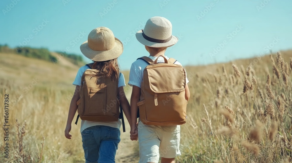 Happy young children with backpacks enjoying a joyful day on a school field trip adventure Happy young children with backpacks enjoying a joyful day on a school field trip adventure