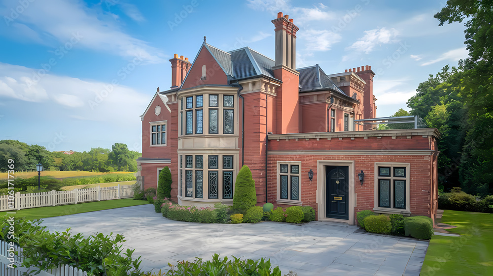 Fototapeta premium Beautiful red brick mansion with elegant architectural features, lush green landscaping, and a spacious driveway, set against a serene blue sky and open fields in the background.