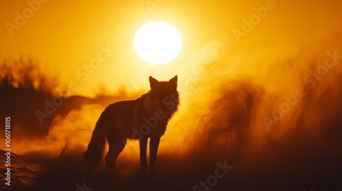 A silhouette of a wild animal in the desert, surrounded by swirling dust clouds, with the sun setting in the background, creating a dramatic and atmospheric scene