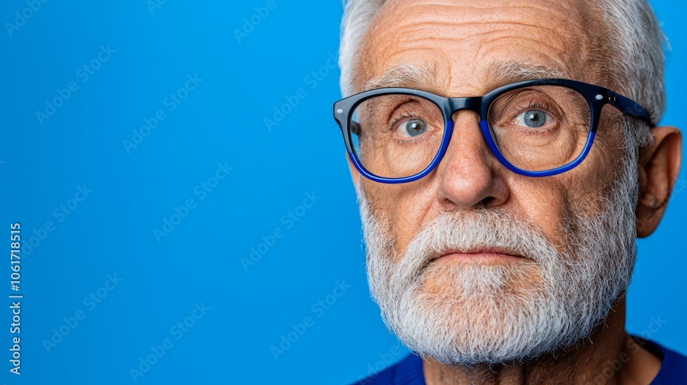 Man with blue and black glasses is staring at the camera. He has a serious expression on his face Man with blue and black glasses is staring at the camera. He has a serious expression on his face