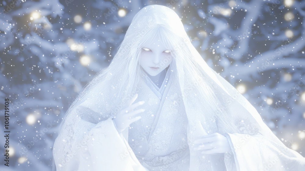 Ethereal Yuki-Onna Yokai 3D Render Gliding Through Snowy Forest at Night Under Starlight - Ultra-Detailed Japanese Ghostly Figure Illustration Ethereal Yuki-Onna Yokai 3D Render Gliding Through Snowy Forest at Night Under Starlight - Ultra-Detailed Japanese Ghostly Figure Illustration