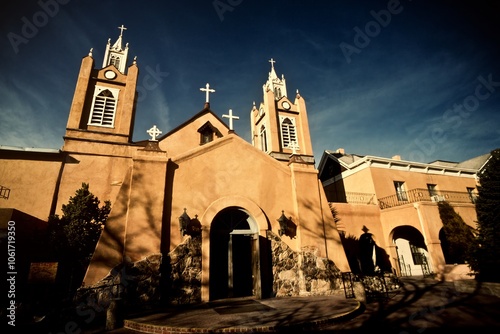 Albuquerque Old Town, New Mexico :  San Felipe de Neri Church in the sunset light.  photo