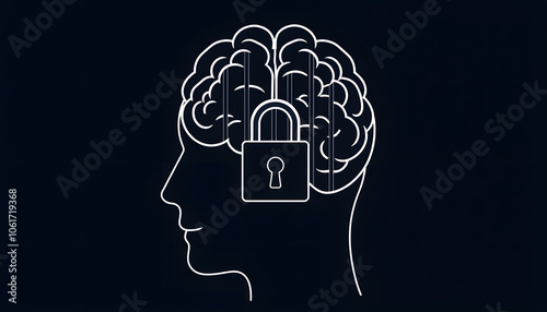 Closed minded illustration. Bars and a lock inside of a persons brain. Human head flat outline icon isolated with white highlights, png