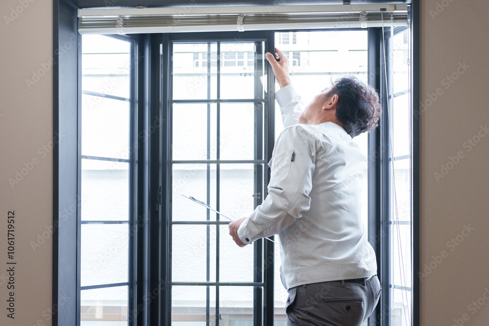 窓の点検をする修理業者