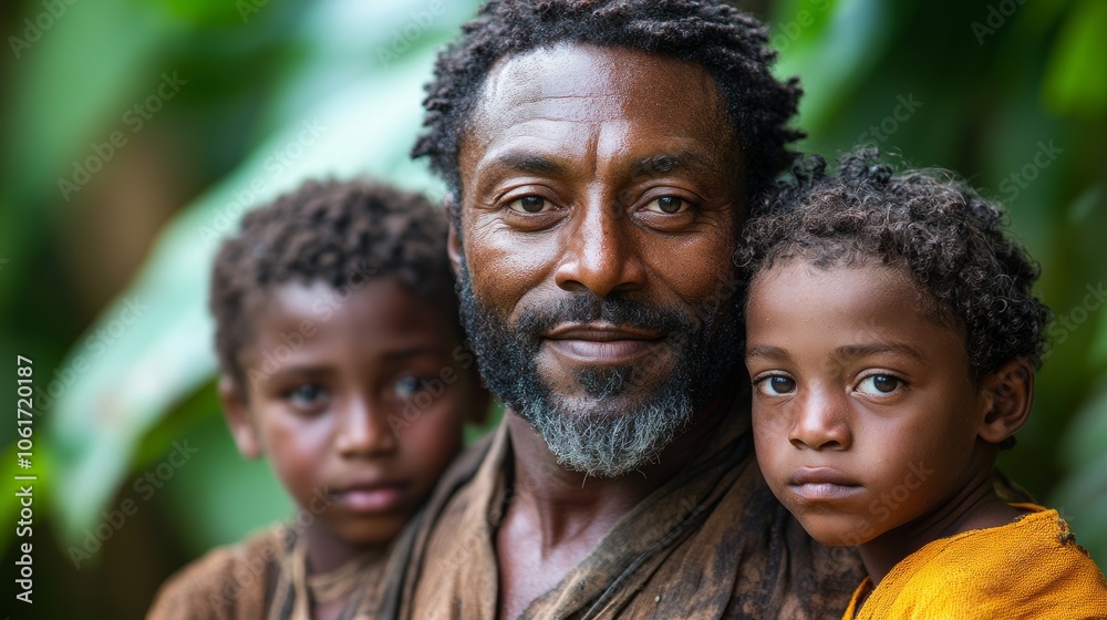 Man with two children is smiling and posing for a picture. children are wearing brown clothing and the man is wearing a brown robe. Scene is warm, friendly, as the family is enjoying a moment together Man with two children is smiling and posing for a picture. children are wearing brown clothing and the man is wearing a brown robe. Scene is warm, friendly, as the family is enjoying a moment together