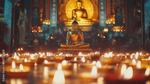 Tranquil Scene of a Golden Buddha and Krathongs on Loy Krathong.Concept of tradition, spirituality, cultural heritage, Thai culture, Buddhism, and the Loy Krathong festival,Tourism, religious practice