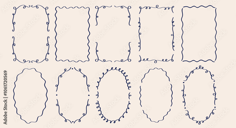 Rectangle and oval wavy scallop frame in doodle trendy vintage style. Border with elegant outline loop for greeting cards. Rectangular shapes with curvy and jagged borders.