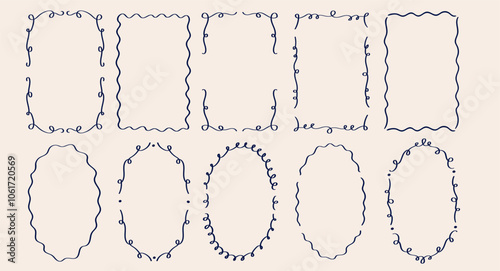 Rectangle and oval wavy scallop frame in doodle trendy vintage style. Border with elegant outline loop for greeting cards. Rectangular shapes with curvy and jagged borders.