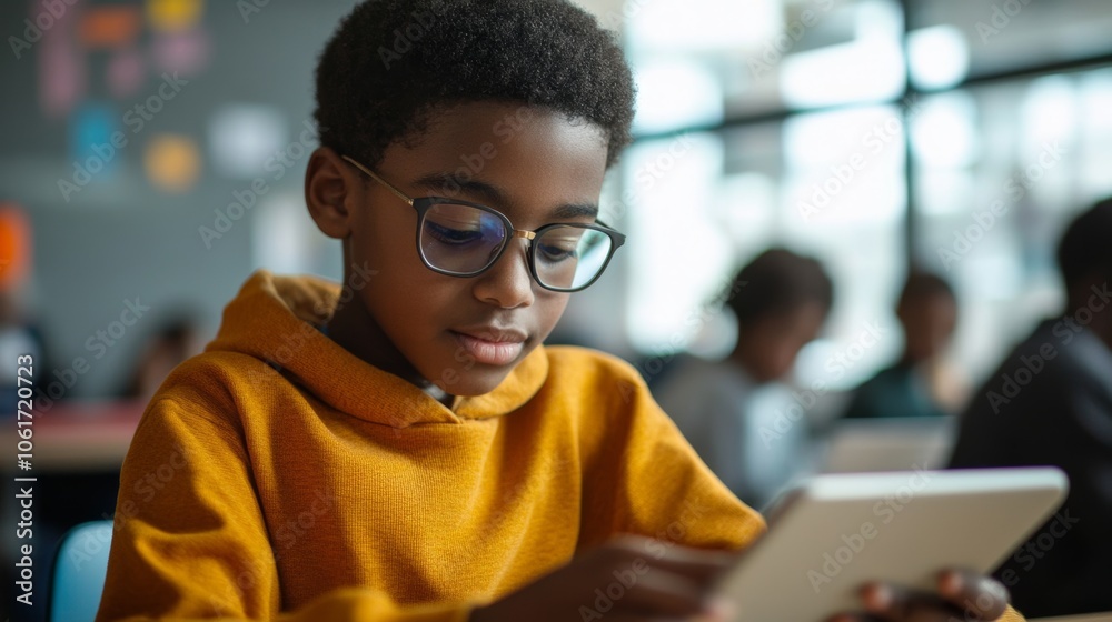 A student using a tablet to access e-learning media in a blended learning environment, reflecting the combination of traditional teaching and digital tools in modern education