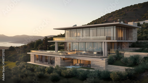 Modern luxury home with large glass windows, set on a hillside overlooking serene water and mountains during sunset. Architectural beauty blending nature and design.