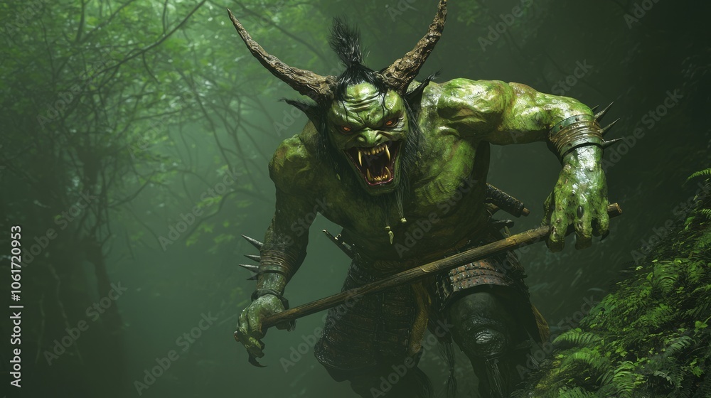 Sinister Japanese Yokai Oni Demon in Misty Forest - Ultra-Detailed 3D Render Illustration Sinister Japanese Yokai Oni Demon in Misty Forest - Ultra-Detailed 3D Render Illustration