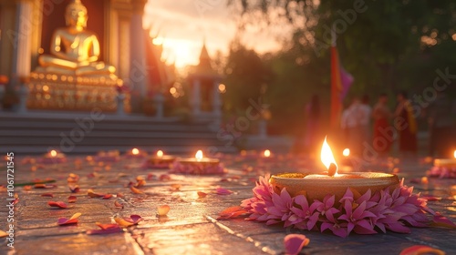 Krathongs Adorn the Ground: A Moment of Serenity at the Thai Temple.Concept of tradition, spirituality, cultural celebration, peace, and tranquility, tourism, hospitality, cultural heritage preservati photo